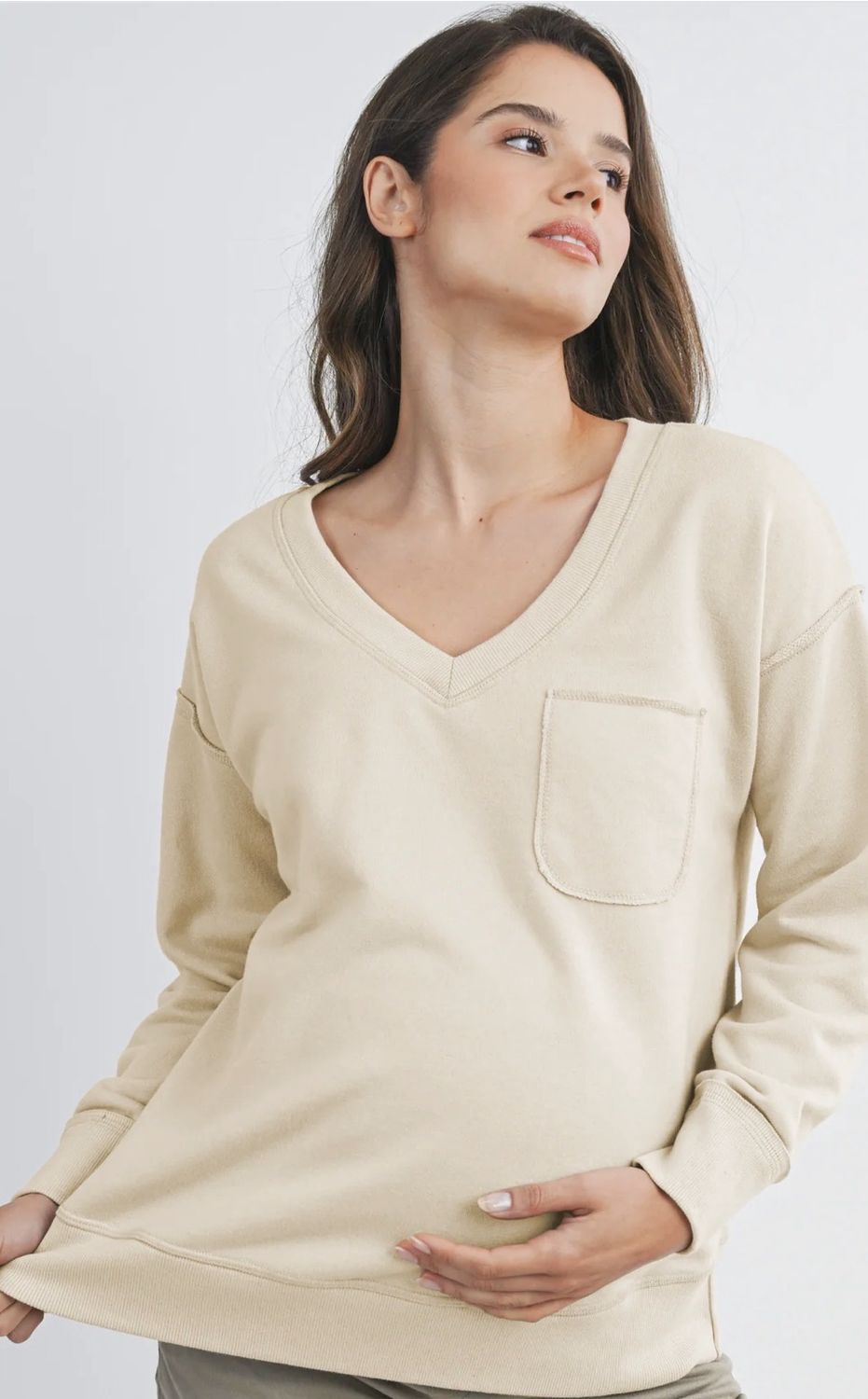 Terry V-Neck Long Sleeve Pullover Top, Color: Beige, Size: Small