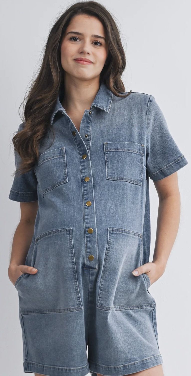 Clara Button Front Denim Romper