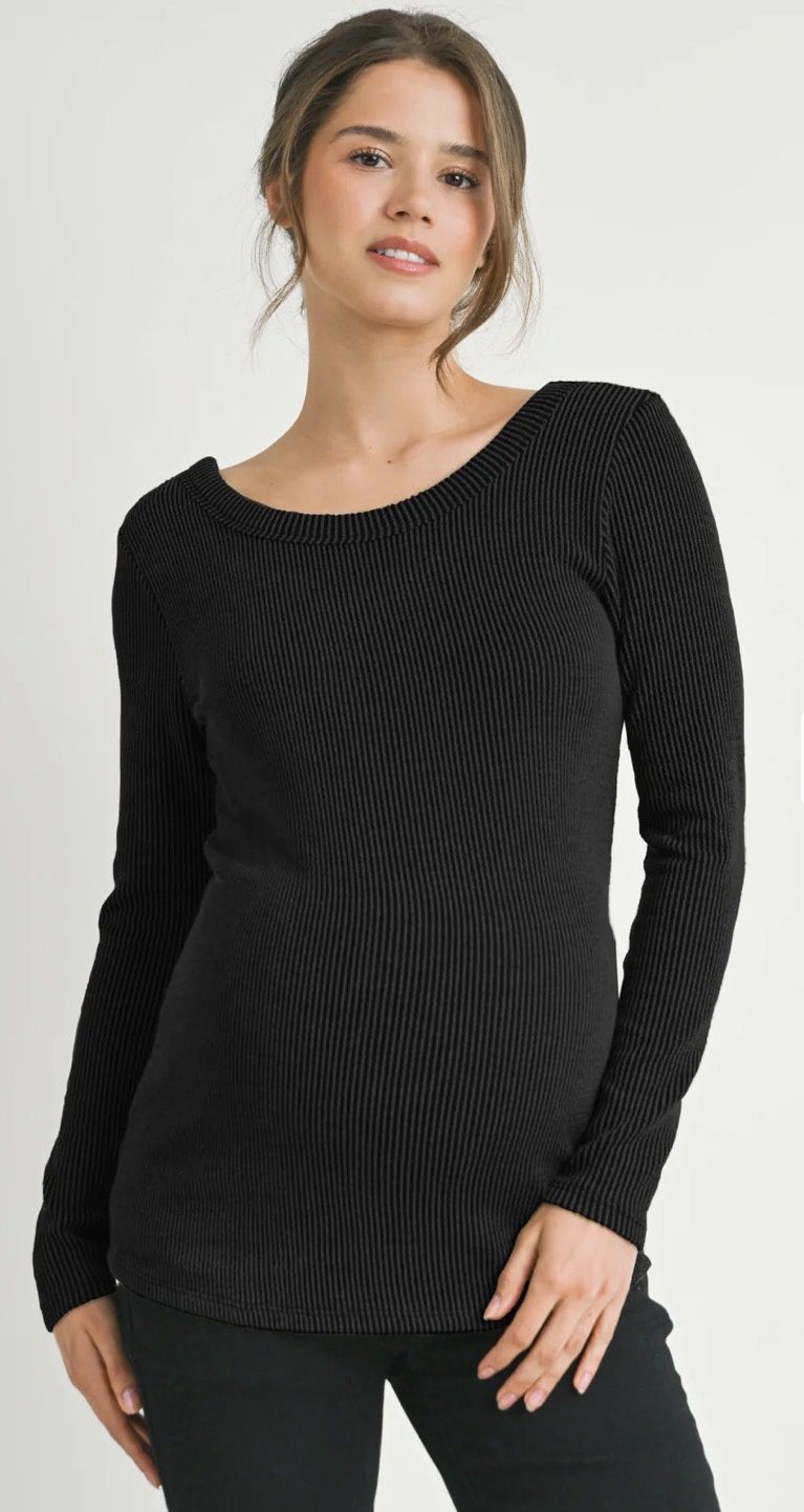 Scoop Neck Ribbed Long Sleeve Top - Black