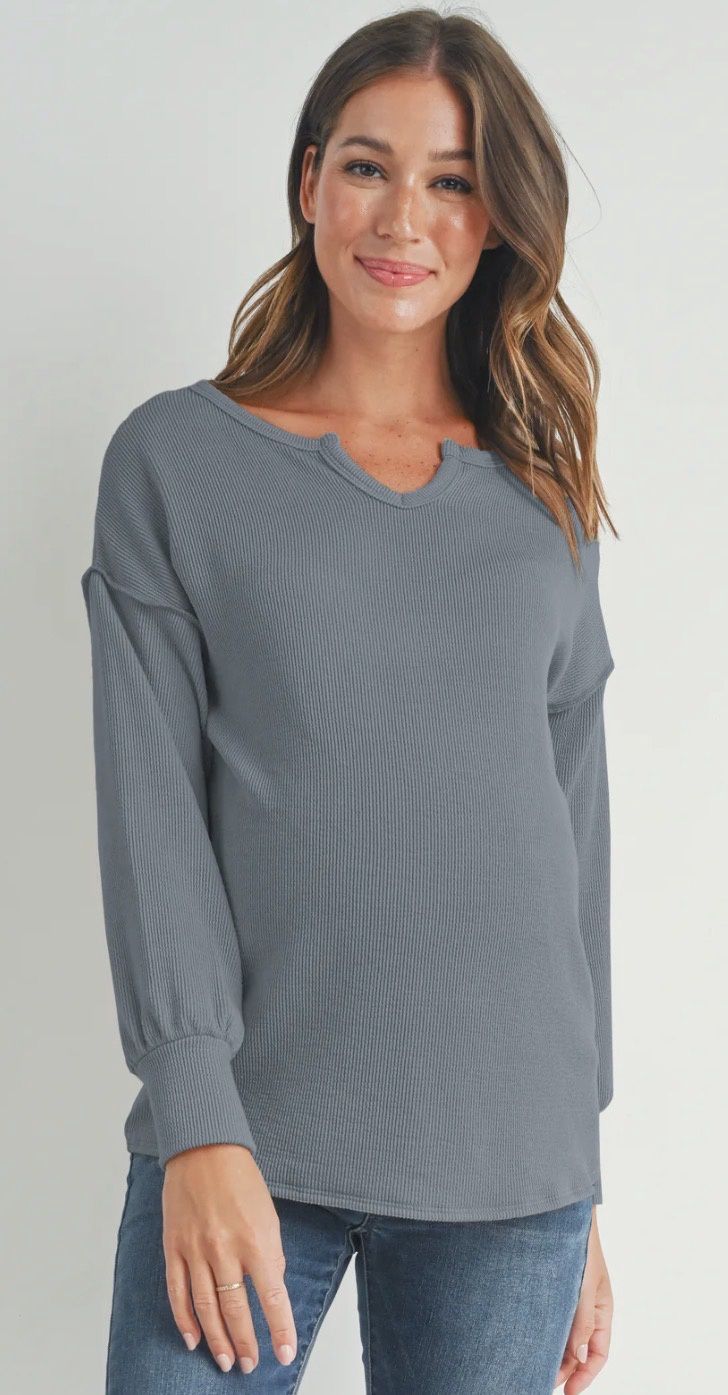 Jennifer Split Neck Long Sleeve Knit Top - Silver