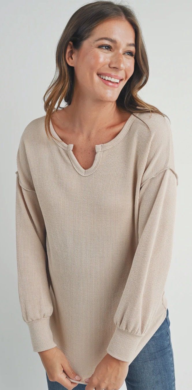 Jennifer Split Neck Long Sleeve Knit Top - Taupe