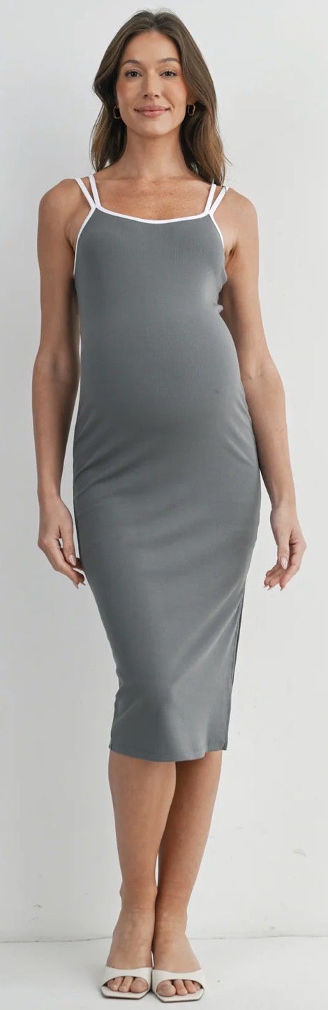 Kayla Ribbed Midi Dress W/ Slit - Olive/White