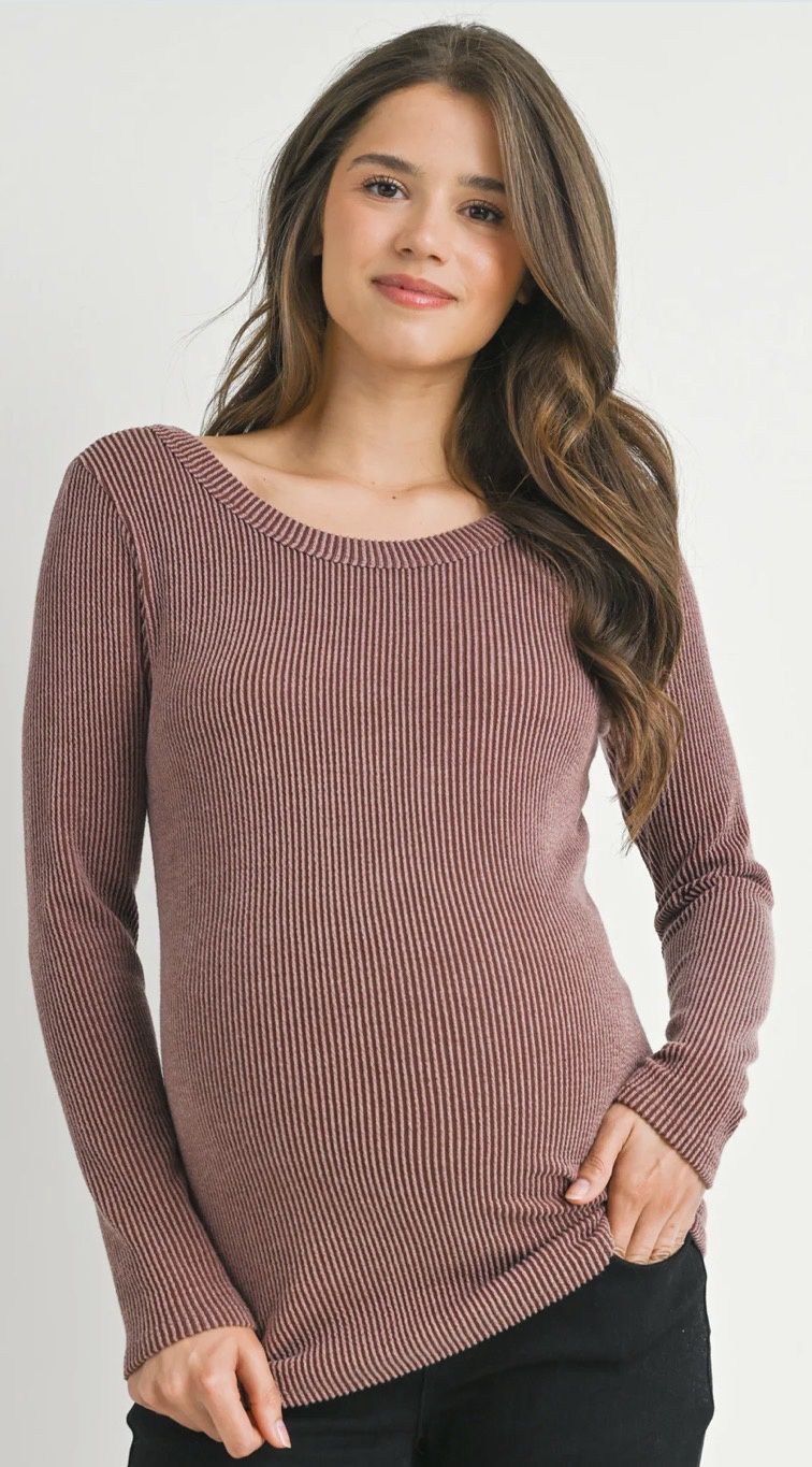 Scoop Neck Ribbed Long Sleeve - Red Brown
