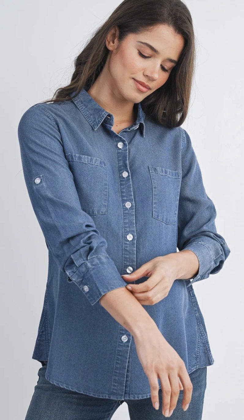 Lindsay Button Down Long Sleeve Chambray Top