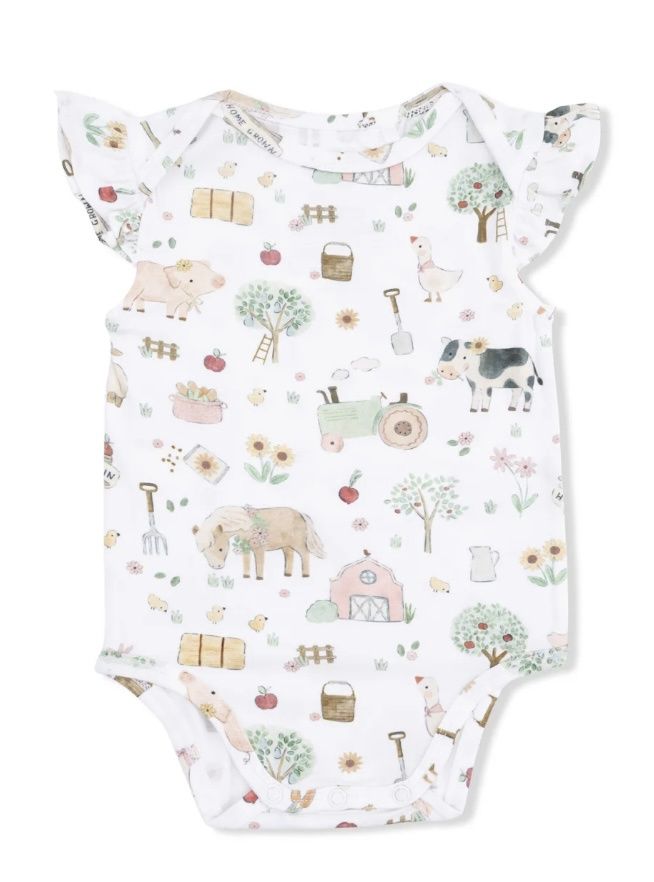 Cute Farm Ruffle Sleeve Bodysuit, Color: Pink Farm Animals, Size: 0-3M