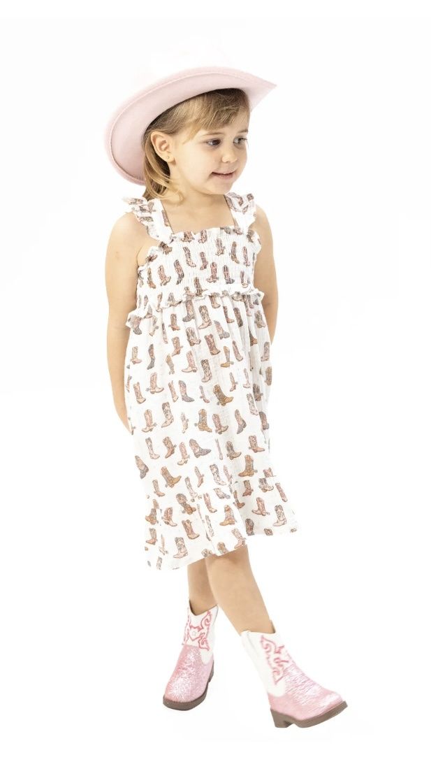 Cowgirl Boots Smocked Ruffle Sundress, Color: Ivory, Size: 2T