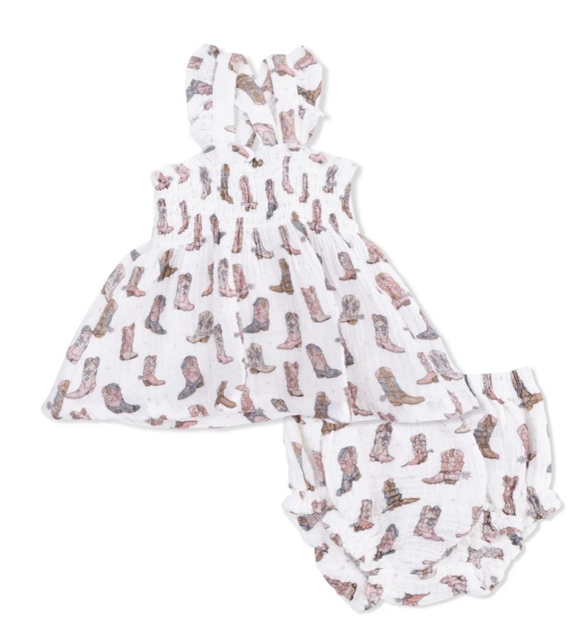 Cowgirl Boots Smocked Top with Bloomer, Color: Cowgirl Boots, Size: 3-6M