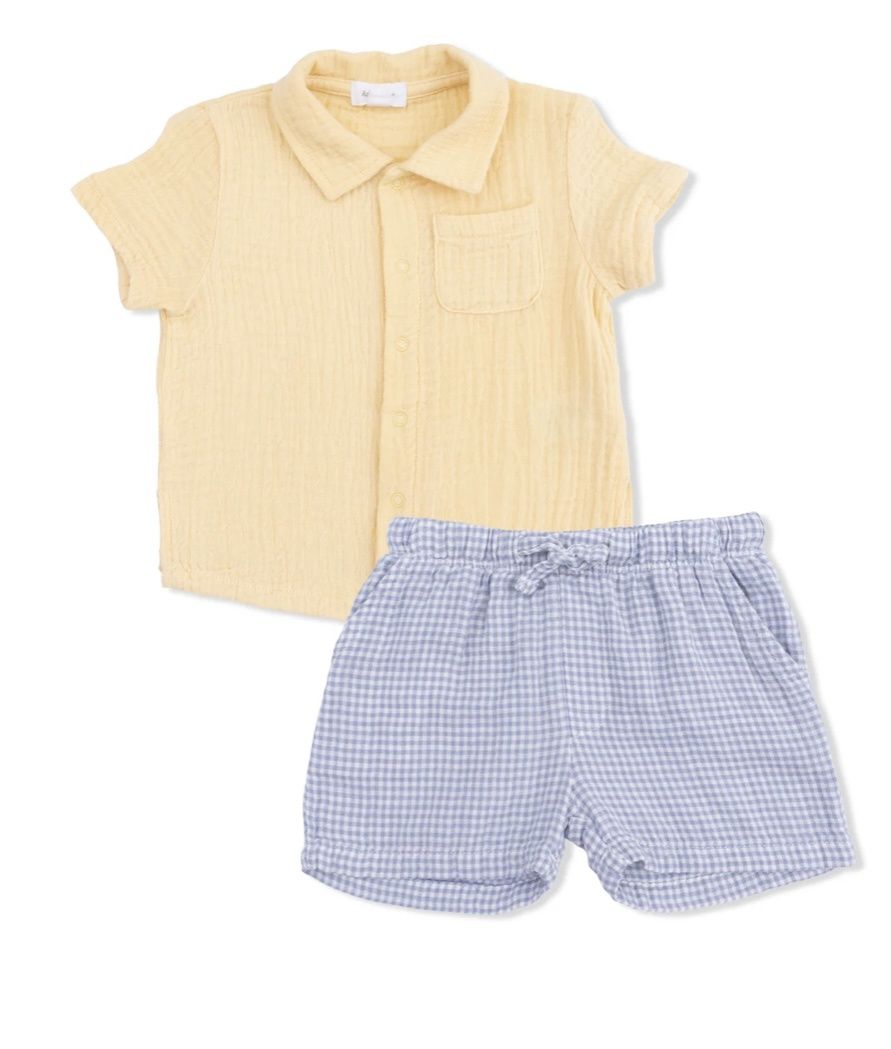 Polo Button Up with Casual Short, Color: Off White/Blue, Size: 2T