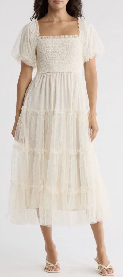 Polka Dot Tulle Tiered Midi Dress, Color: Cream, Size: Small