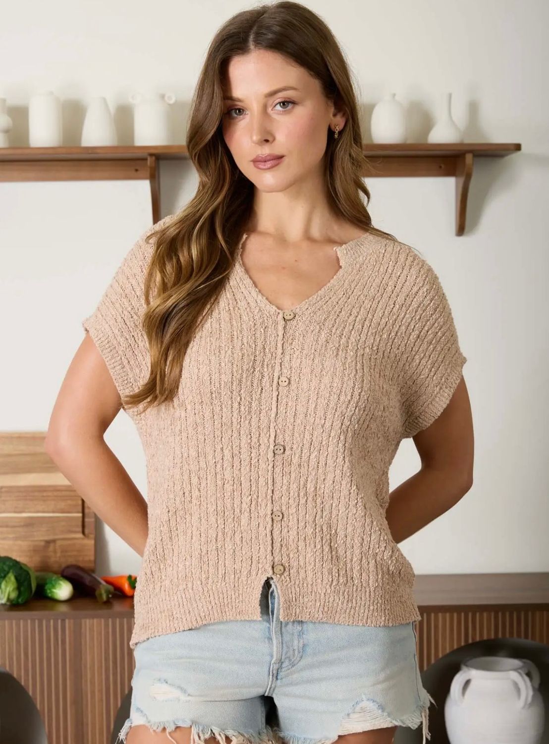 Cozy Short Sleeve Knit Sweater, Color: Khaki, Size: Small