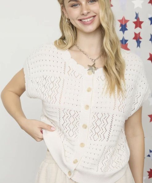 Scallop Short Sleeve Cardigan, Color: Cream, Size: Small