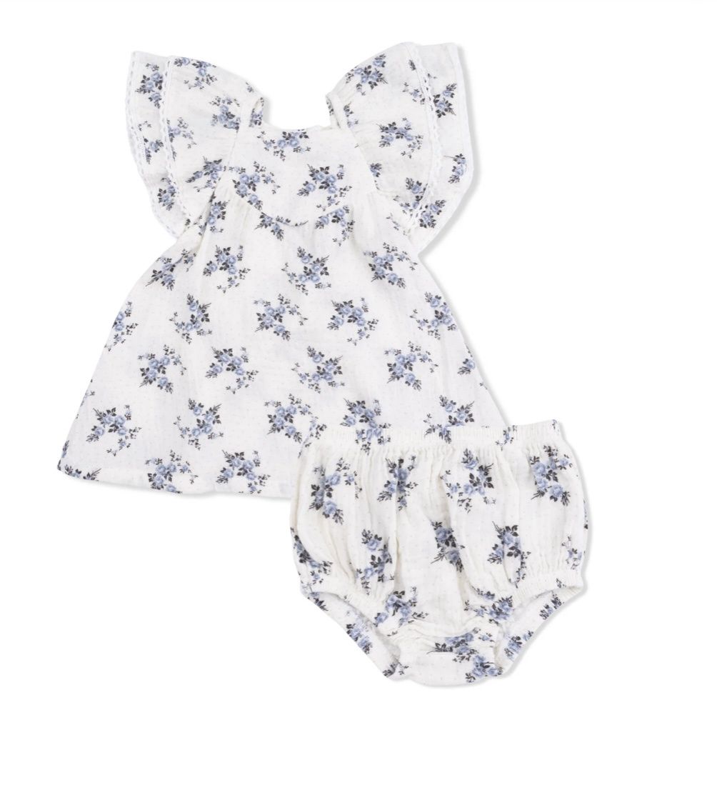 Belle Dot V-Neck Dress &amp; Bloomer Set, Color: Snow+Blue, Size: 12-18M