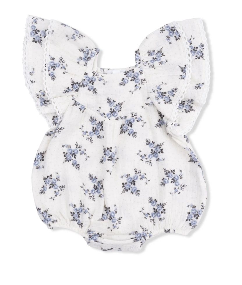 Belle Rosette V-Neck Bubble, Color: Off White/Blue, Size: 3-6M