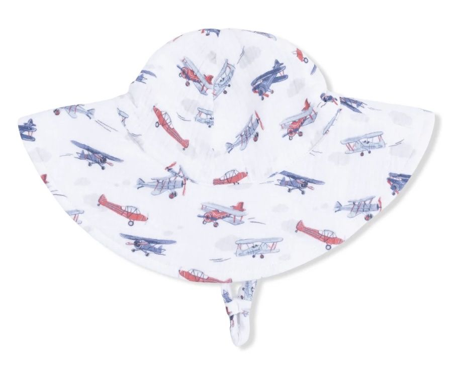 Vintage Planes Wide Brim Hat, Color: White, Size: 0-6M