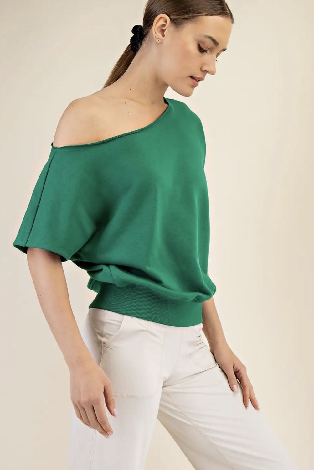 Sassy Off Shoulder Top - DK Green, Size: Small