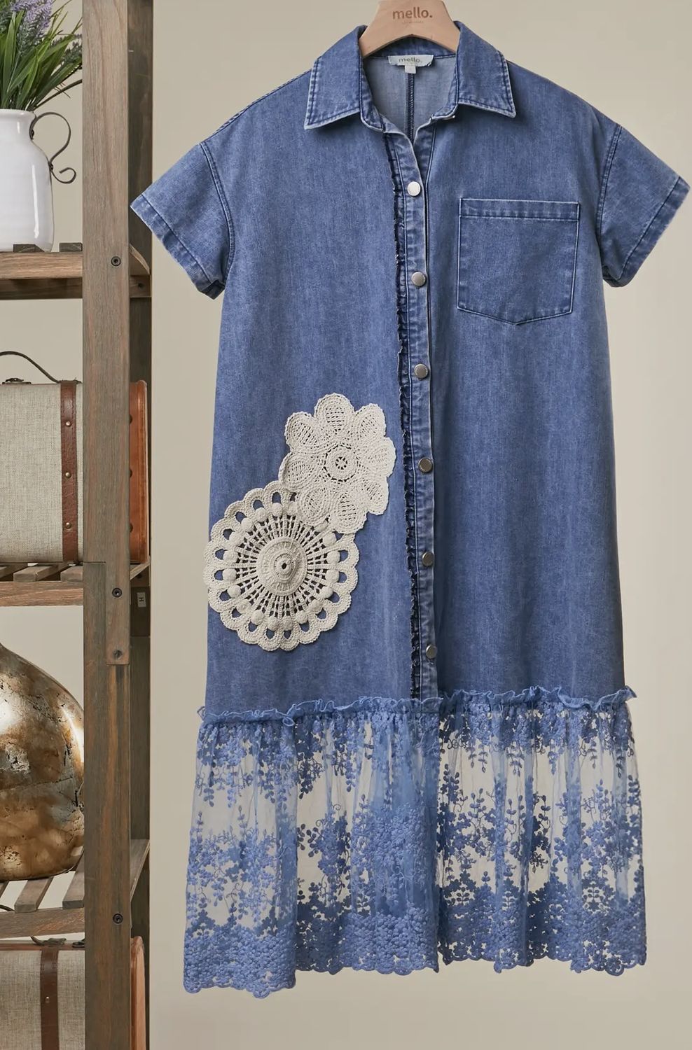 Vintage Denim Lace Dress, Size: Small