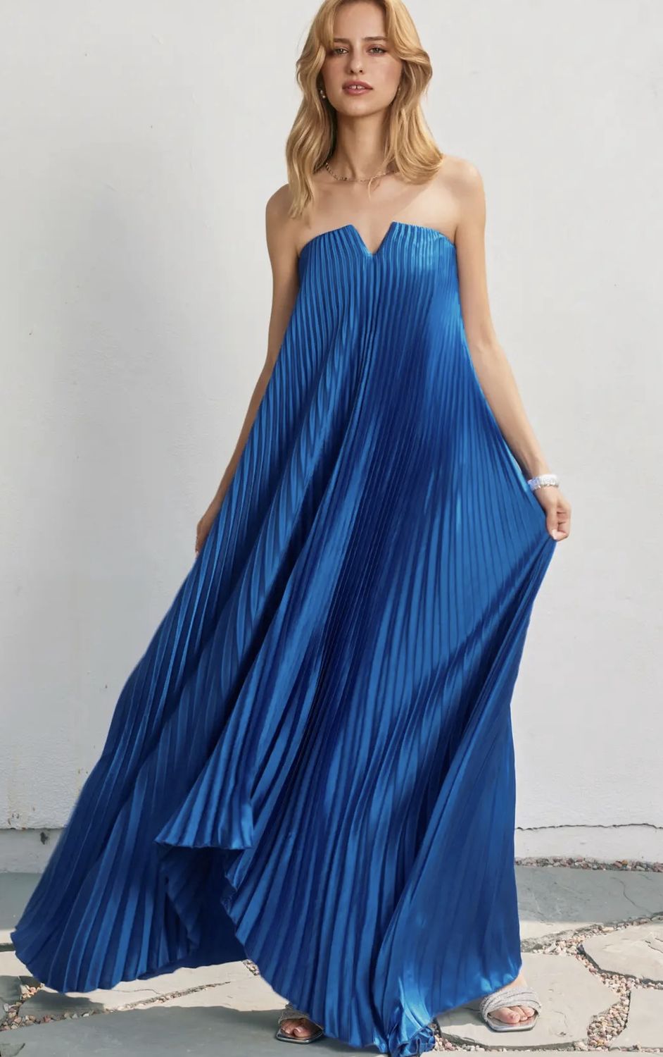 Maddy Pleated Maxi Dress, Color: Blue Quartz, Size: Small