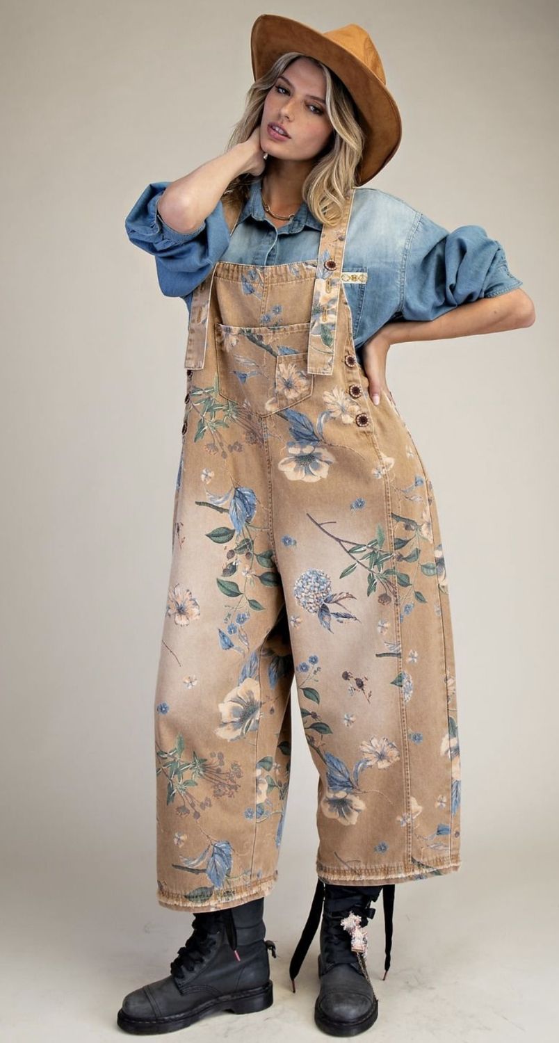 Flowered Denim Overalls, Color: Mocha, Size: Small