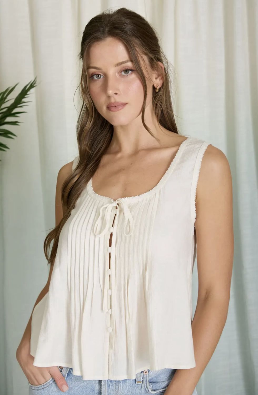 Carlie Front Tie Top, Color: Oatmeal, Size: Small