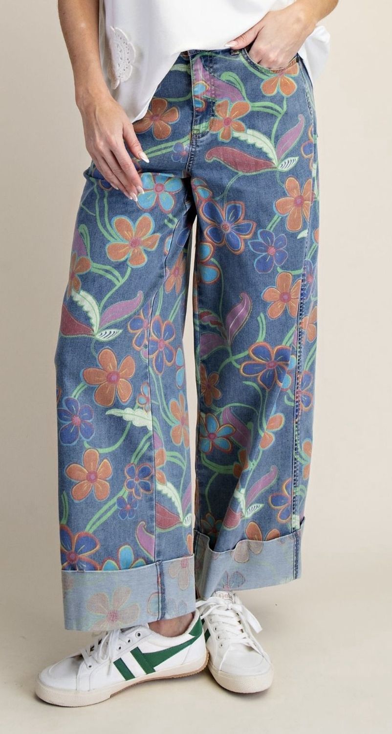 Floral Denim Pants, Color: Denim, Size: 1X
