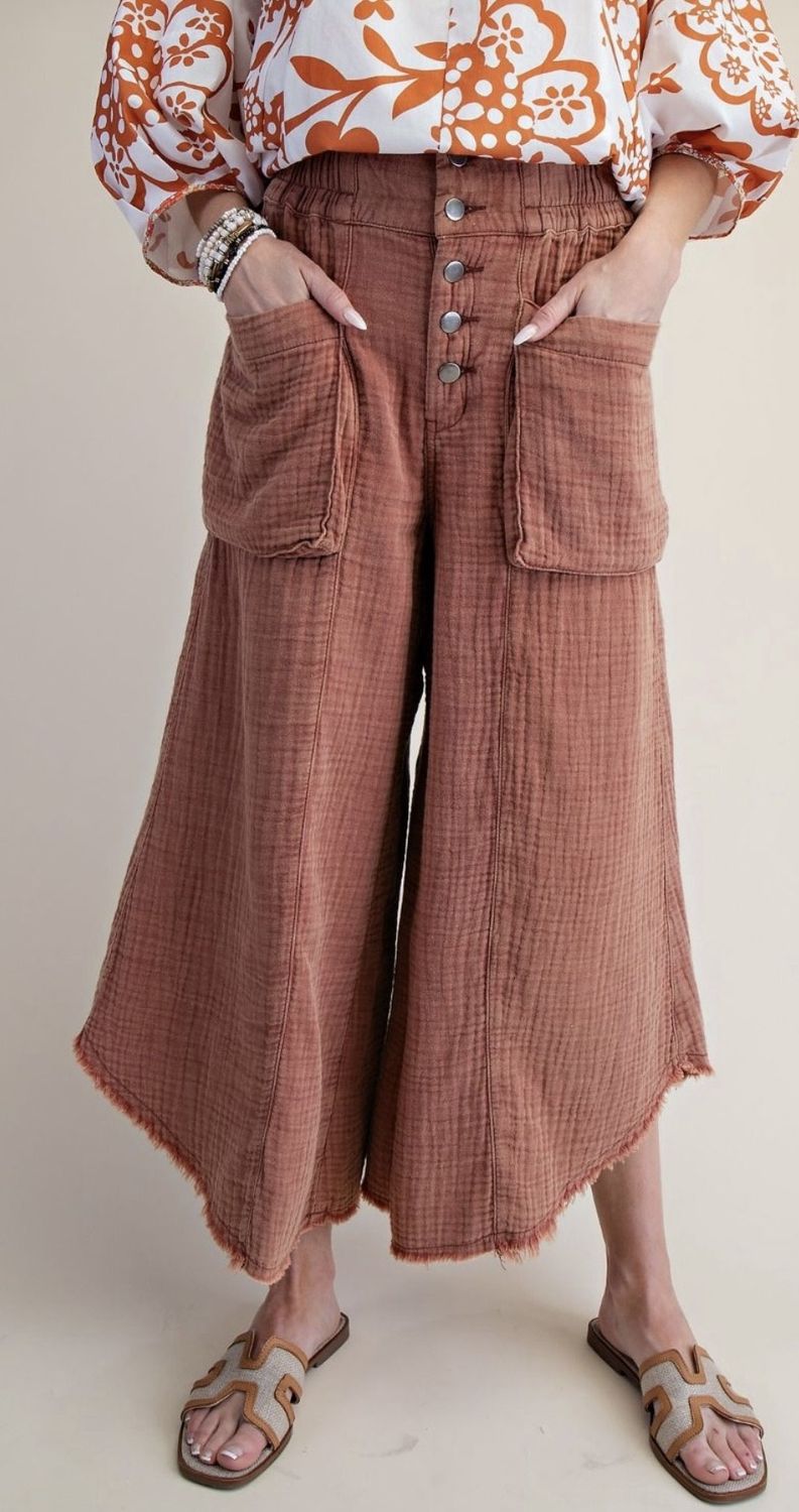Carmen Frayed Wide Pants, Color: Pecan Brown, Size: Small