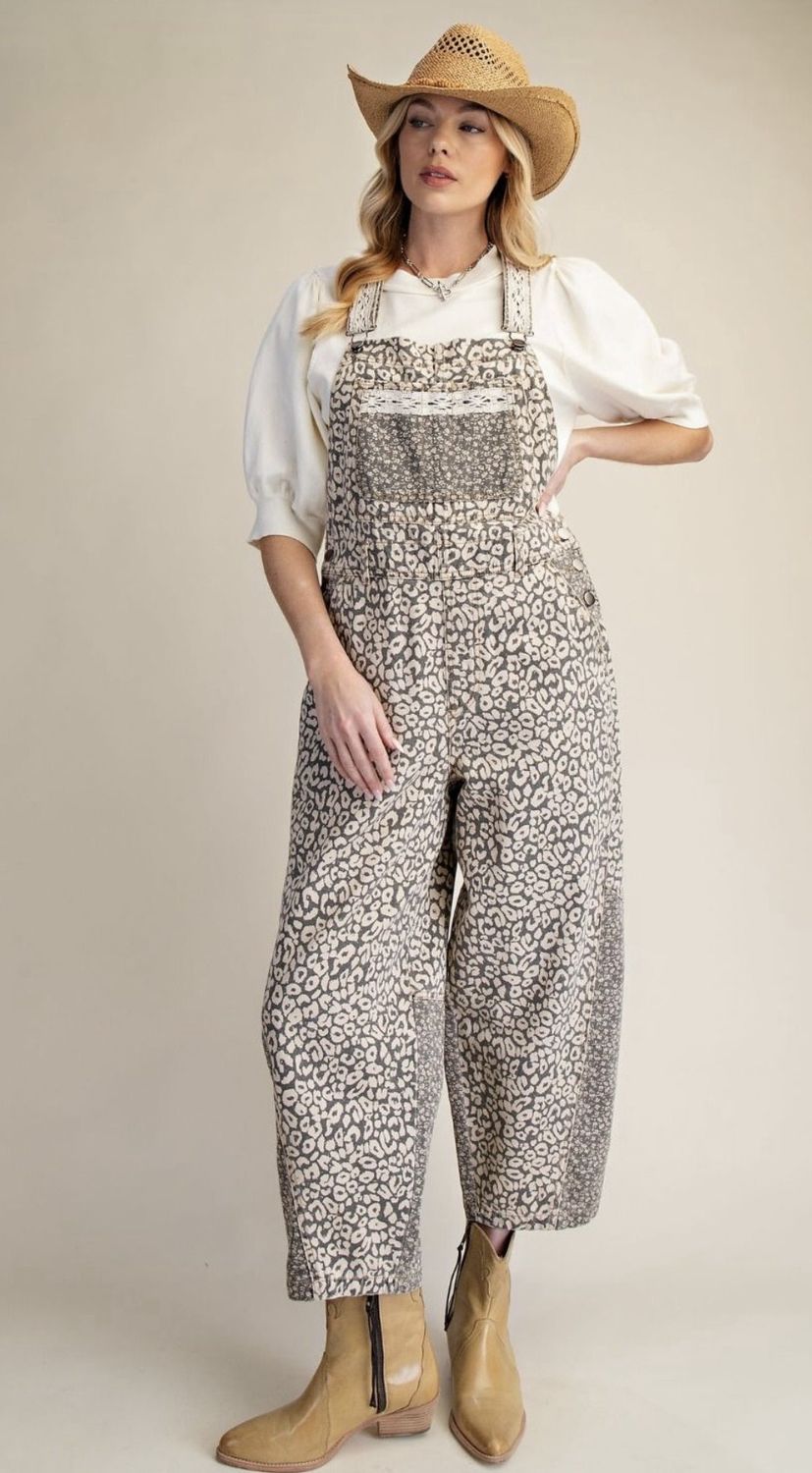 Leopard Twill Overalls., Color: Mocha, Size: Small