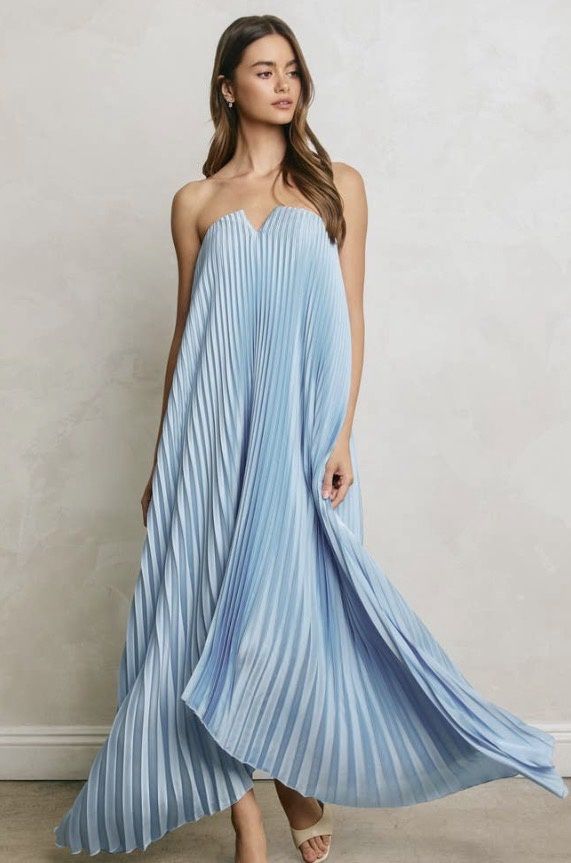 Ava Pleated Dress - Light Blue, Color: Light Blue, Size: Small