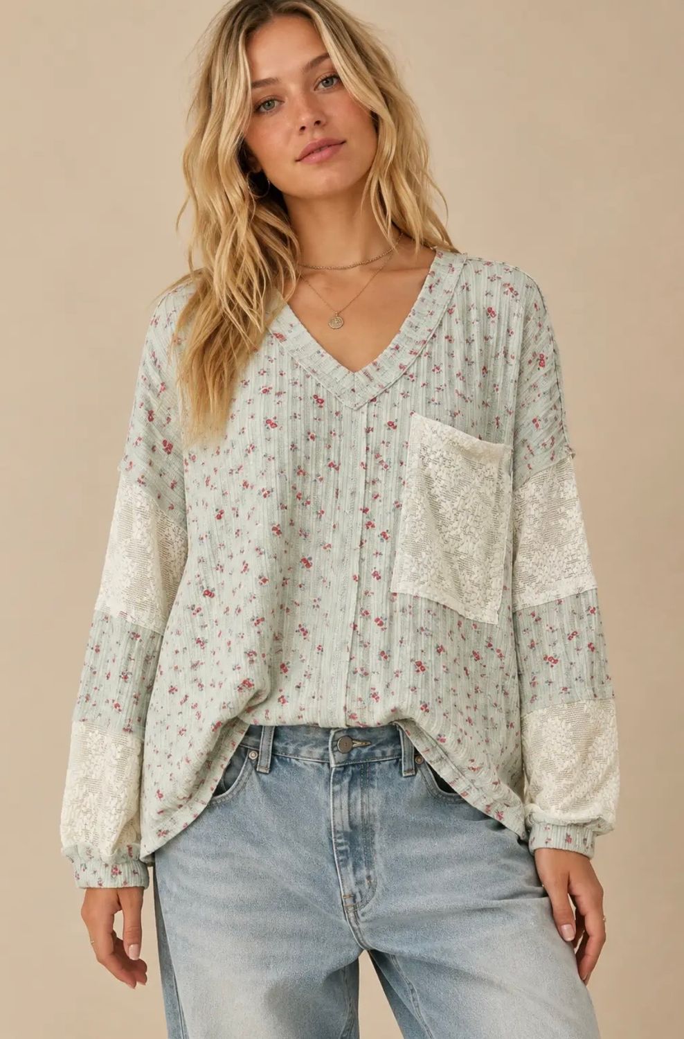 Mindy Ribbed Crochet Top, Color: Floral Mint, Size: Small