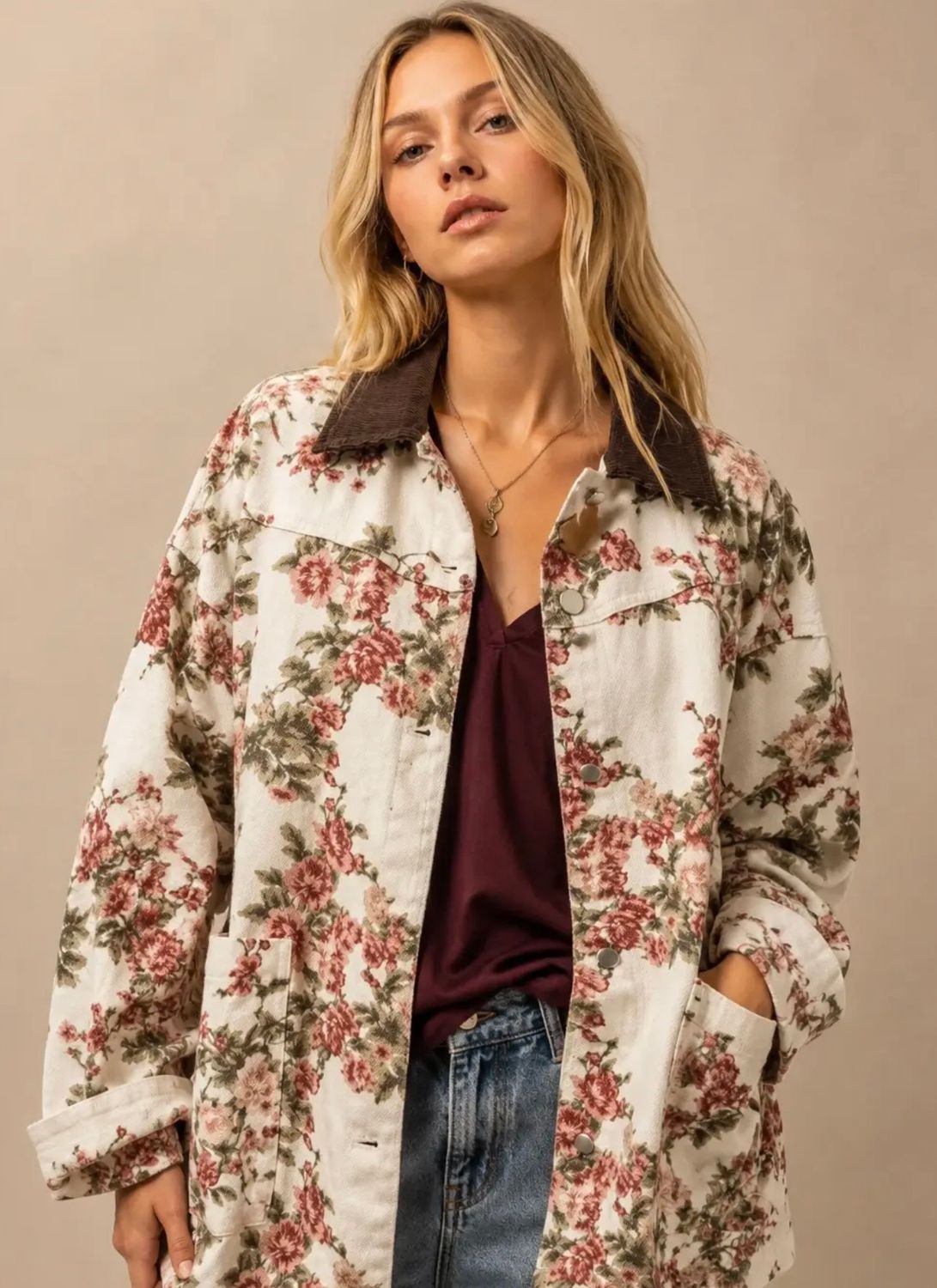 Vintage Floral Jacket, Color: Cream Floral, Size: Small