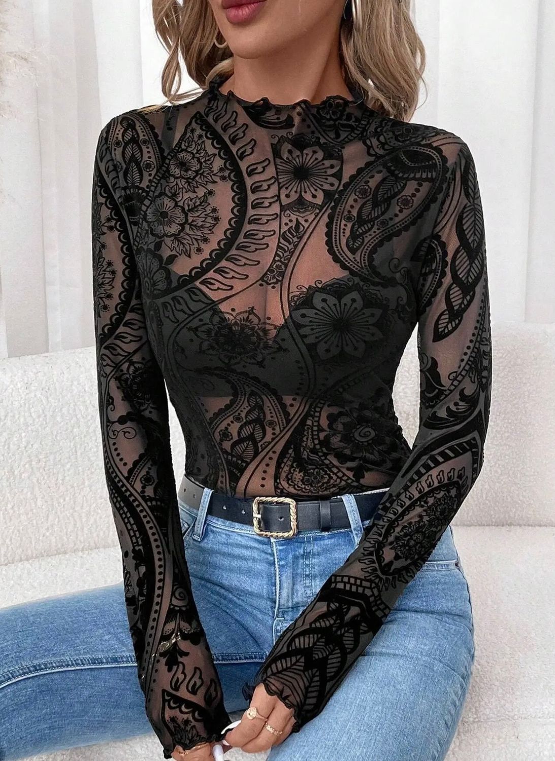 Paisley Velvet Mesh Top, Color: Black, Size: Small