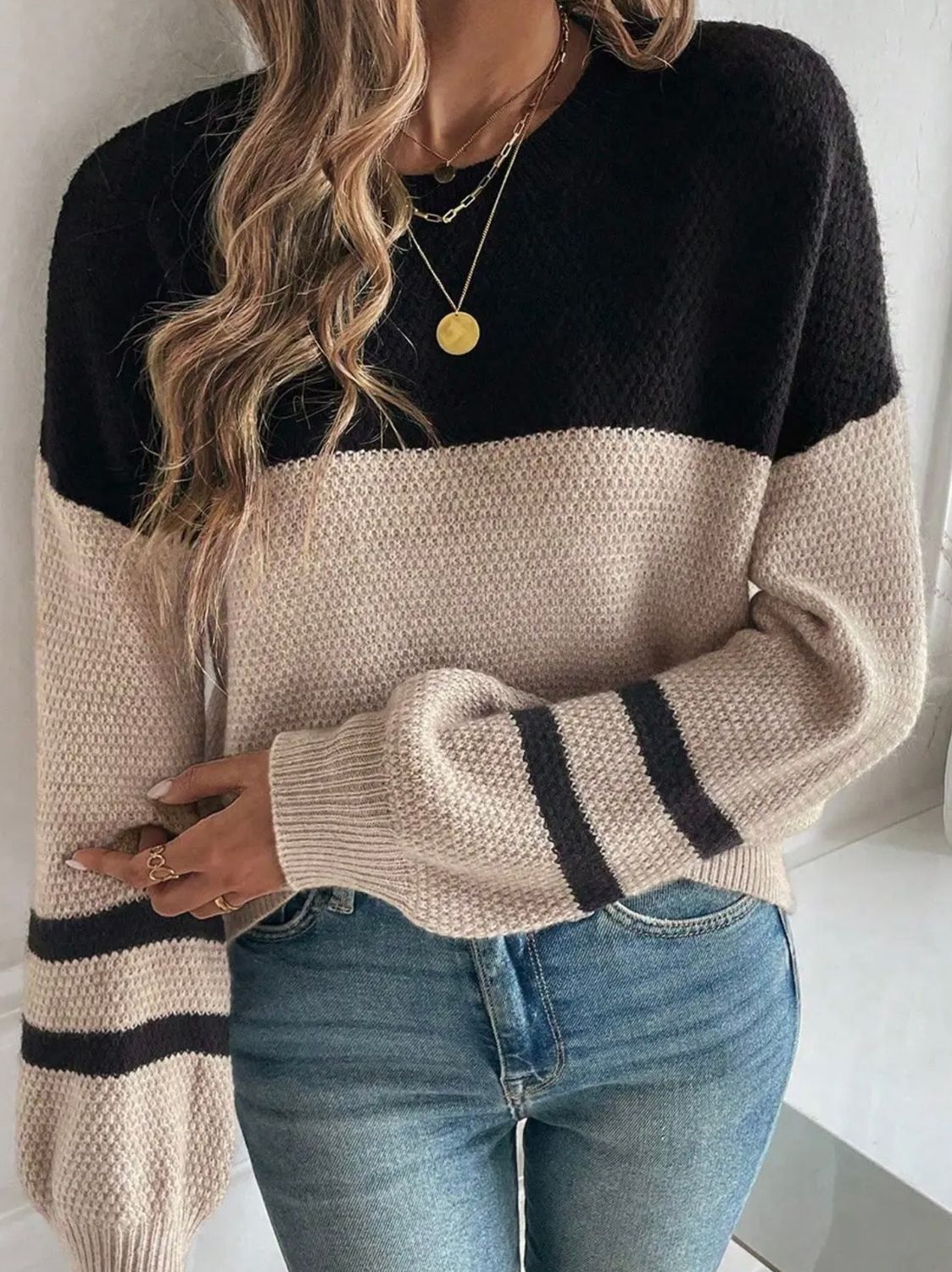 Katie Knit Sweater, Color: Taupe/Black, Size: Small
