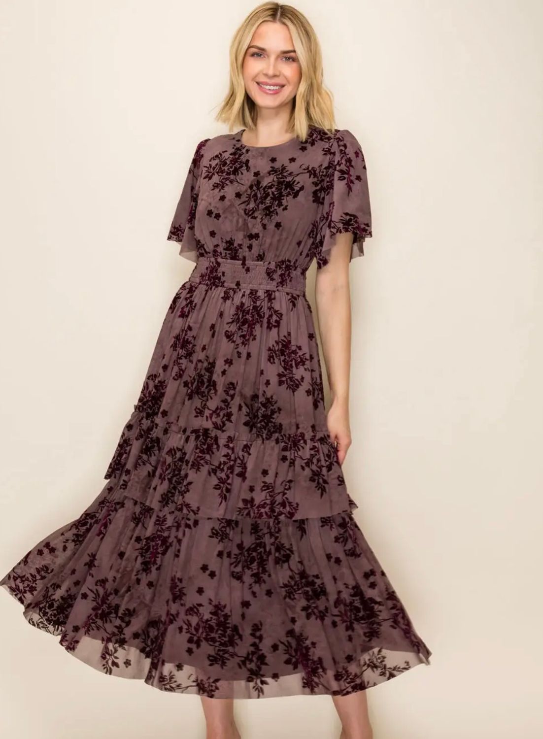 Valerie Velvet Floral Dress, Color: Plum, Size: Small