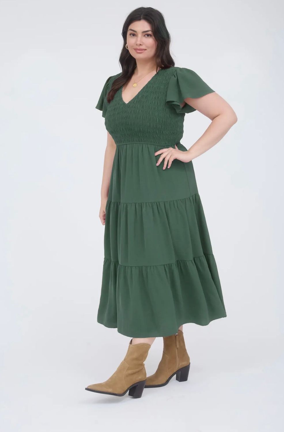 Flutter Sleeve Midi Dress, Color: Pine, Size: 1X
