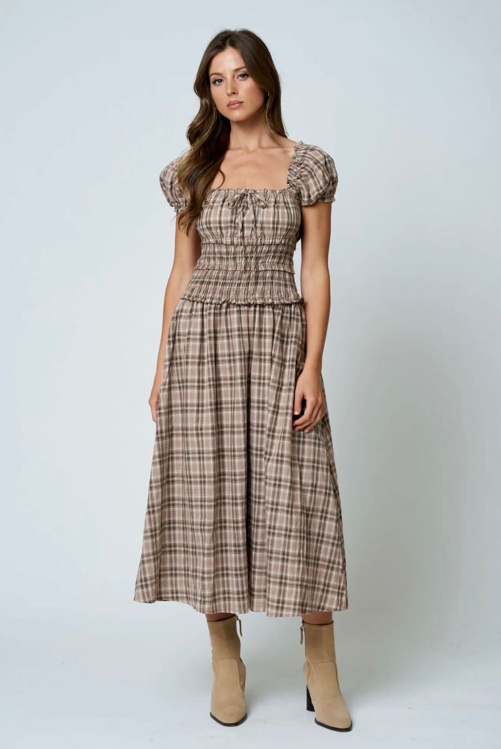 Lizzy Plaid Midi Dress, Color: Khaki, Size: Small