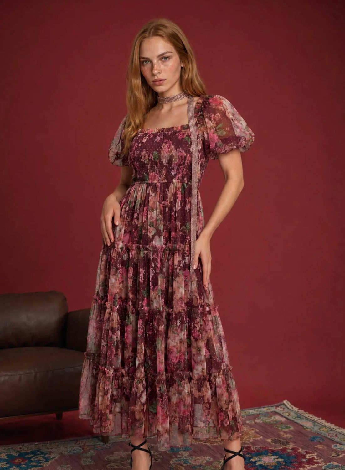 Penny Floral Midi Dress, Color: Burgundy Multi, Size: Small