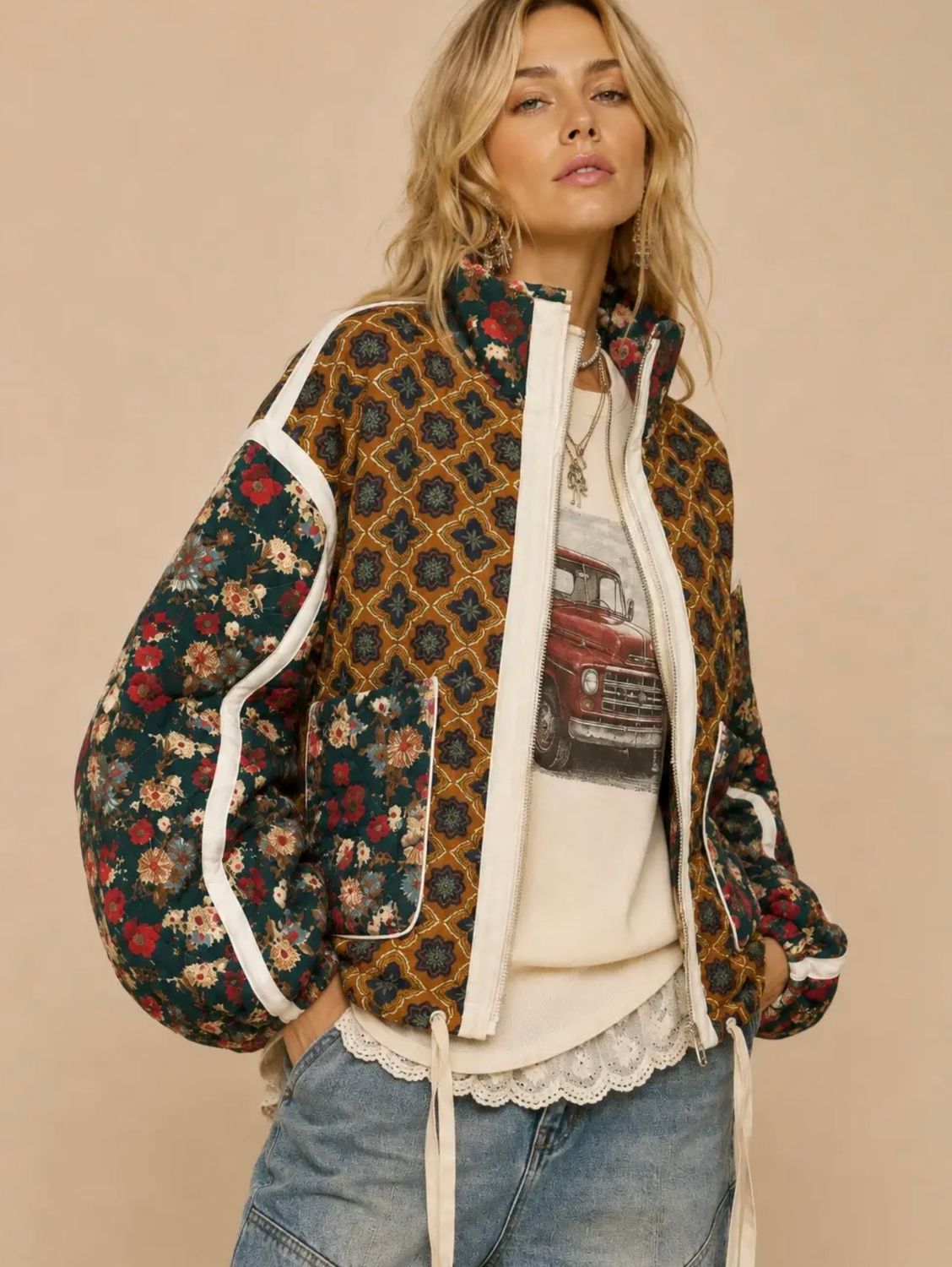 Rose Pattern Jacket, Color: Brown, Size: Small