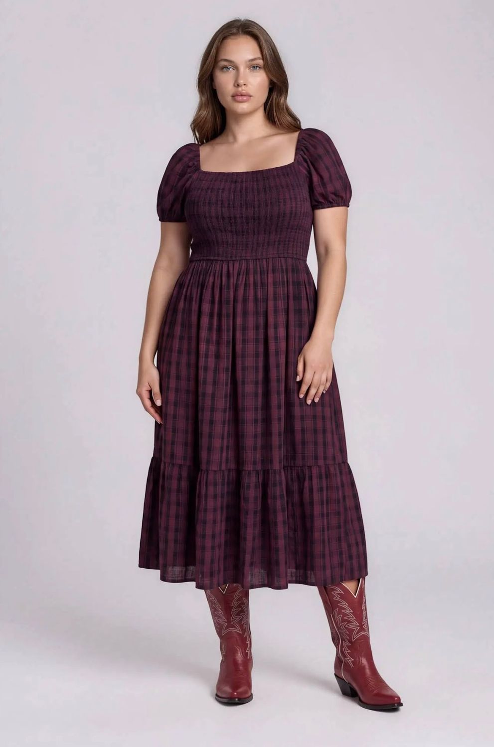 Penny Plaid Tiered Dress, Color: Burgundy, Size: 1X