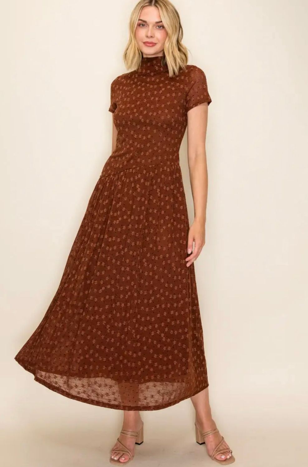 Asymmetrical Drop Ditsy Floral Dress, Color: Brown/Black, Size: Small