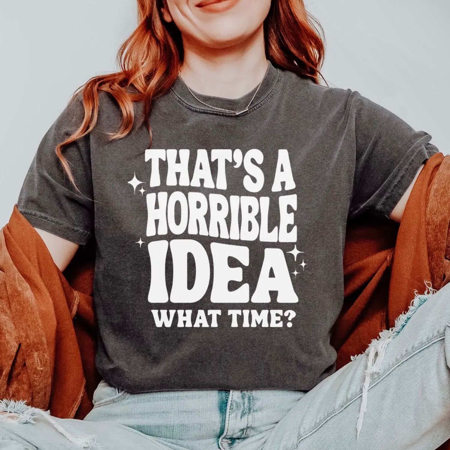 Horrible Idea What Time Tee, Color: Charcoal, Size: Small