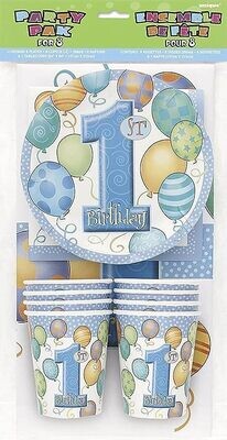 Blue 1st Birthday Party Tableware Kit for 8