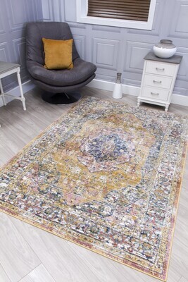 Ochre Yellow Distressed Rug - Boho Medallion