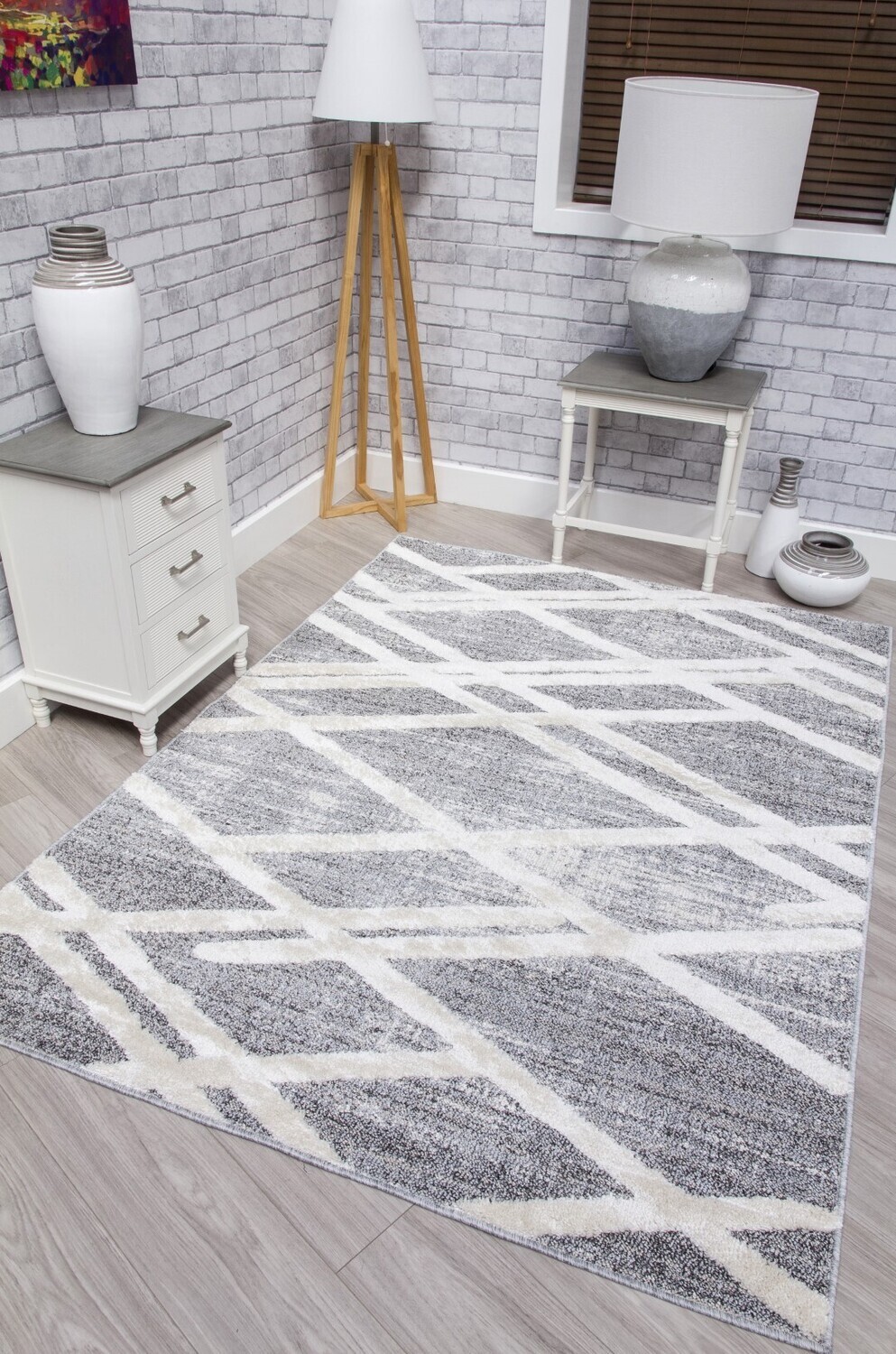 Grey Cream Criss Cross Geometric Rug - Lindos