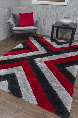 Luxus Cascade - 3D Shaggy Rug - Grey/Red