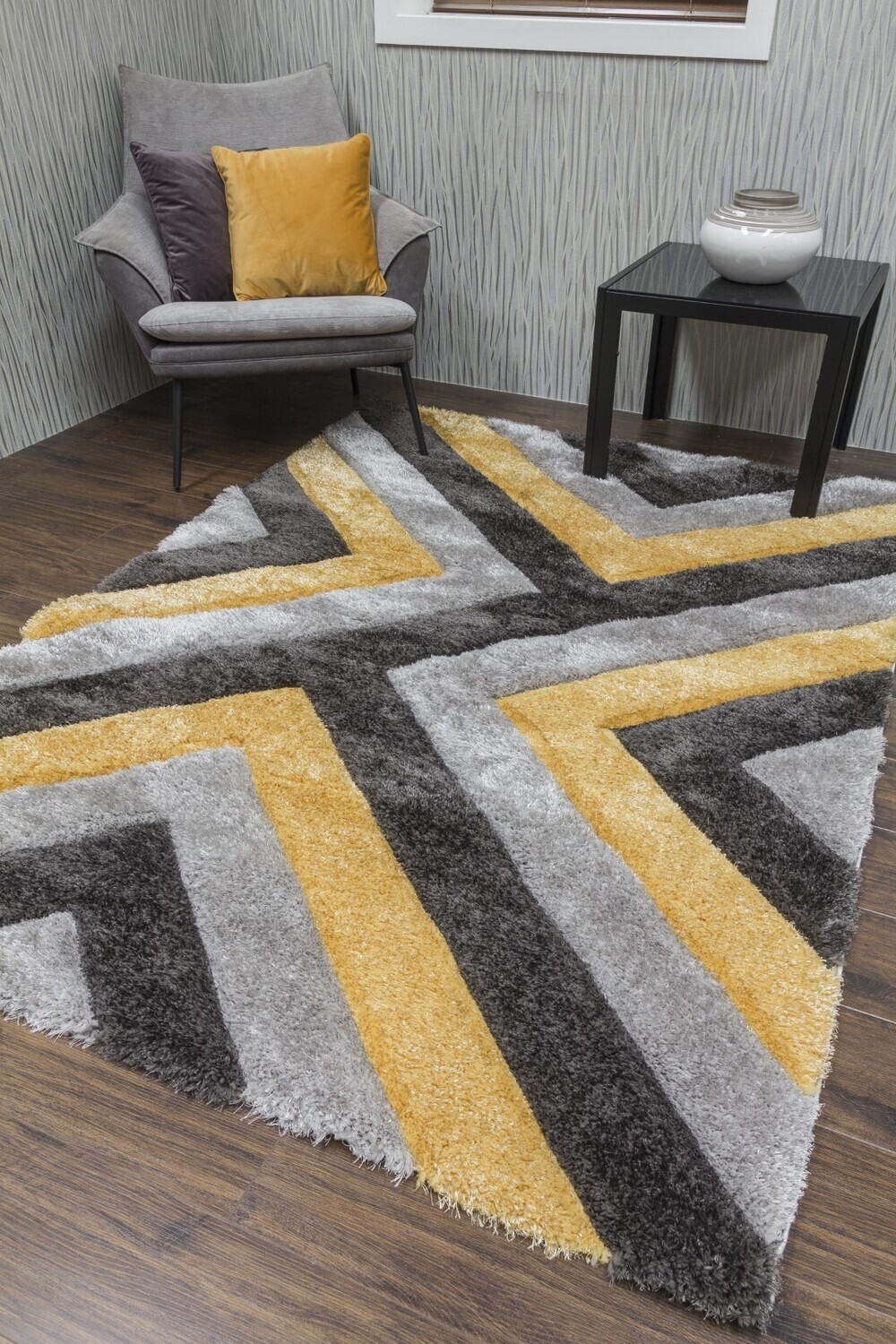 Luxus Cascade - 3D Shaggy Rug - Grey/Yellow