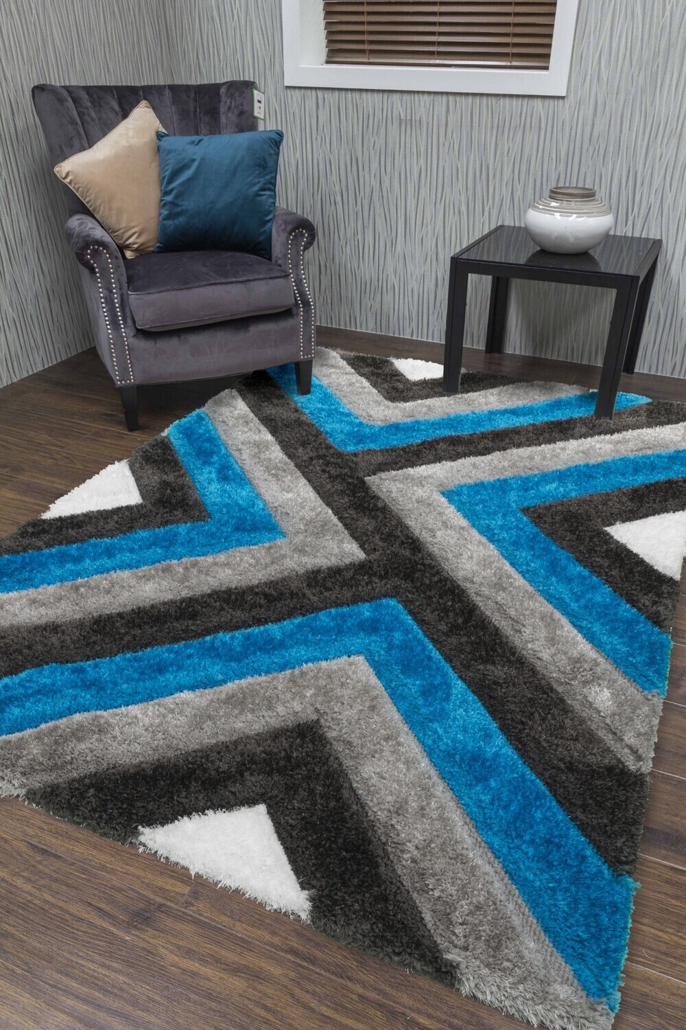 Luxus Cascade - 3D Shaggy Rug - Grey/Teal