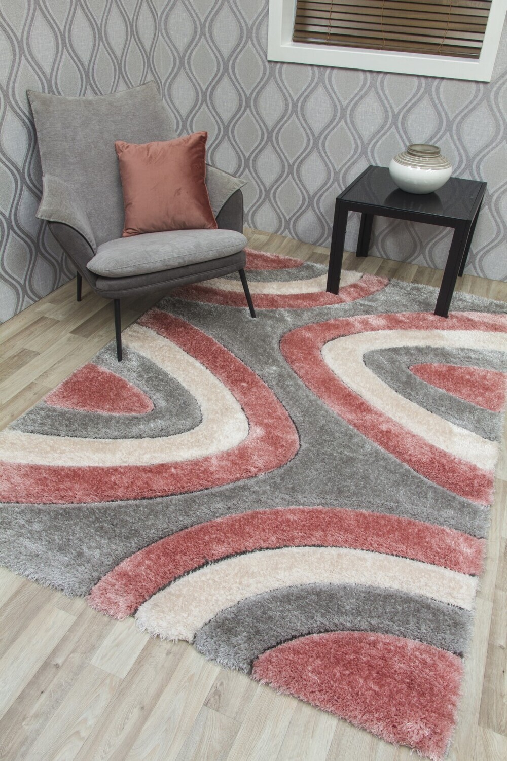 Luxus Ripples - 3D Shaggy Rug - Pink / Grey / Cream