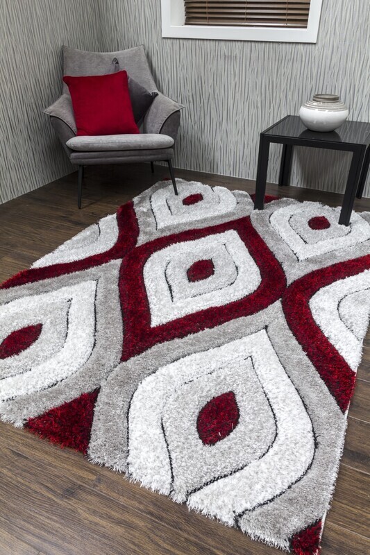 Luxus Teardrop - 3D Shaggy Rug - Grey / Red