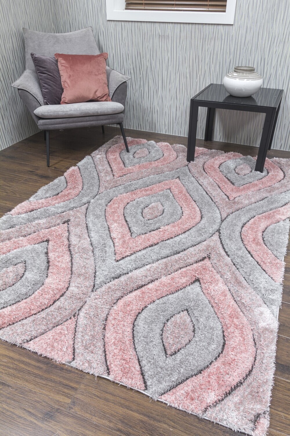 Luxus Teardrop - 3D Shaggy Rug - Grey/Pink