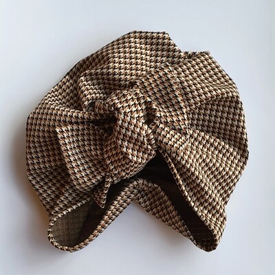 Barbett Cortrelli Knotted Bow Turban in Brown Houndstooth