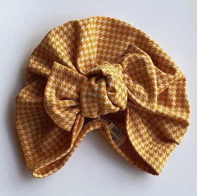 Barbett Cortrelli Knotted Bow Turban in Mustard Houndstooth